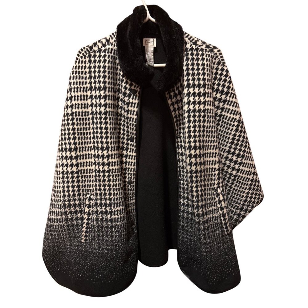 Marina Luna Cape Coat Size L/XL Houndstooth Black & White Faux Fur Collar Snaps - Picture 10 of 11